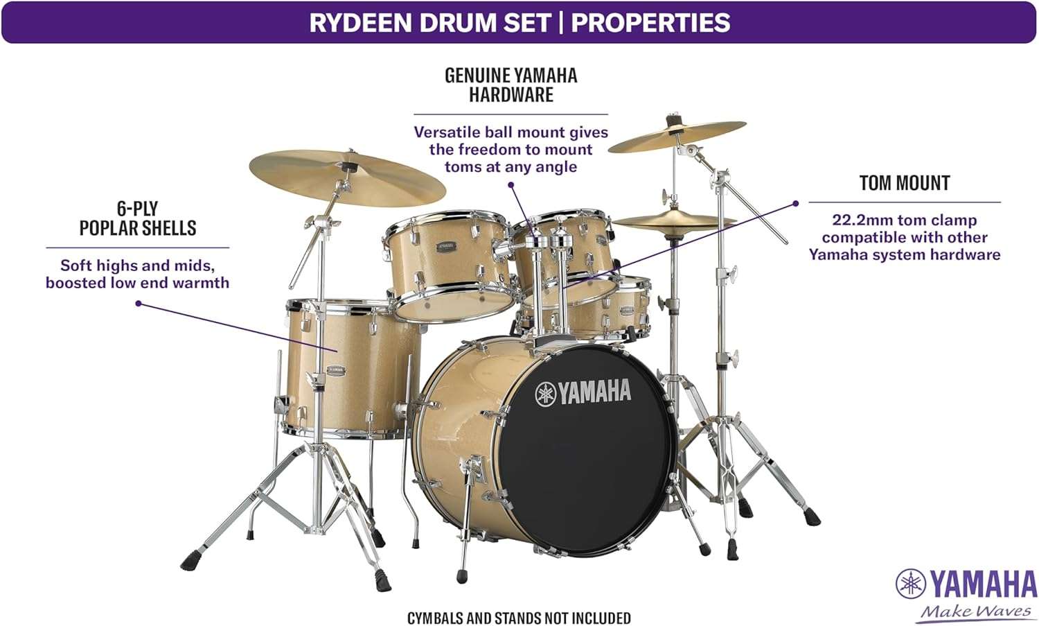 Yamaha Rydeen 5-Piece Drum Set, Champagne Glitter Finish