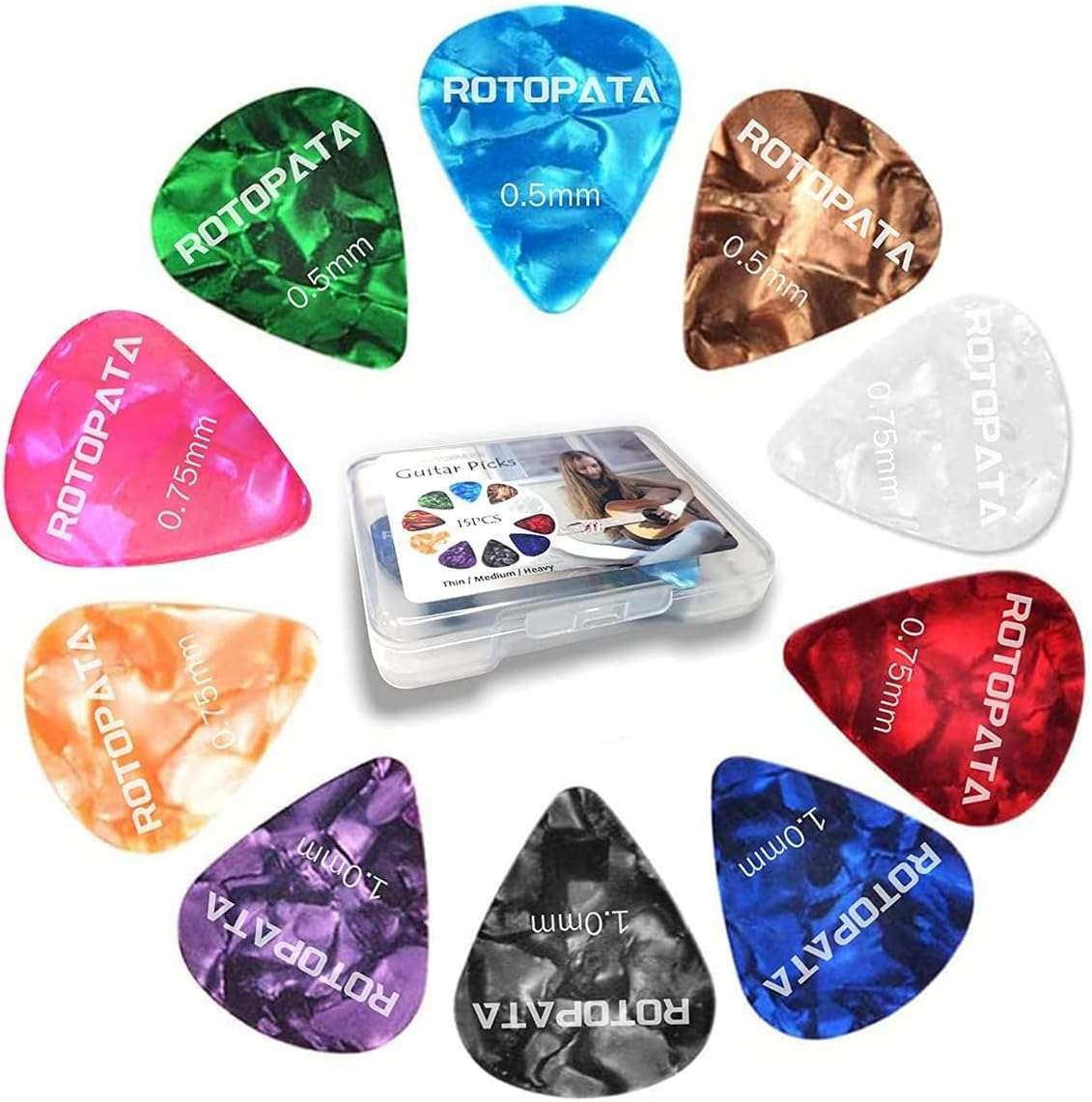 15 Pack Guitar Picks with Organizer Box - Thin, Medium 15 Pack Guitar Picks with Organizer Box - Thin, Medium & Heavy Celluloid Plectrums for Electric, Acoustic Guitars & Ukulele