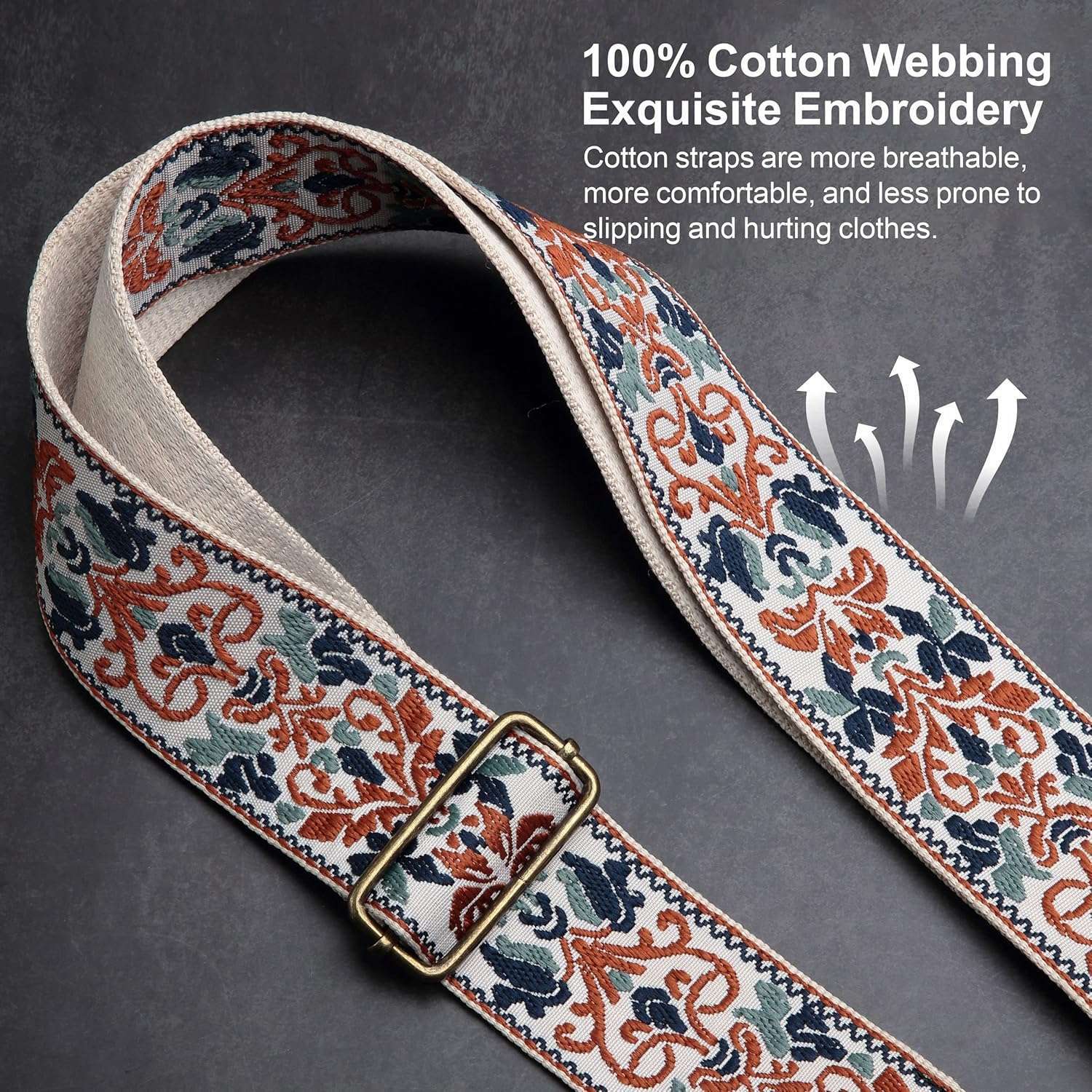 Golden Jacquard Guitar Strap - Embroidered Cotton with Leather Ends for All Guitars