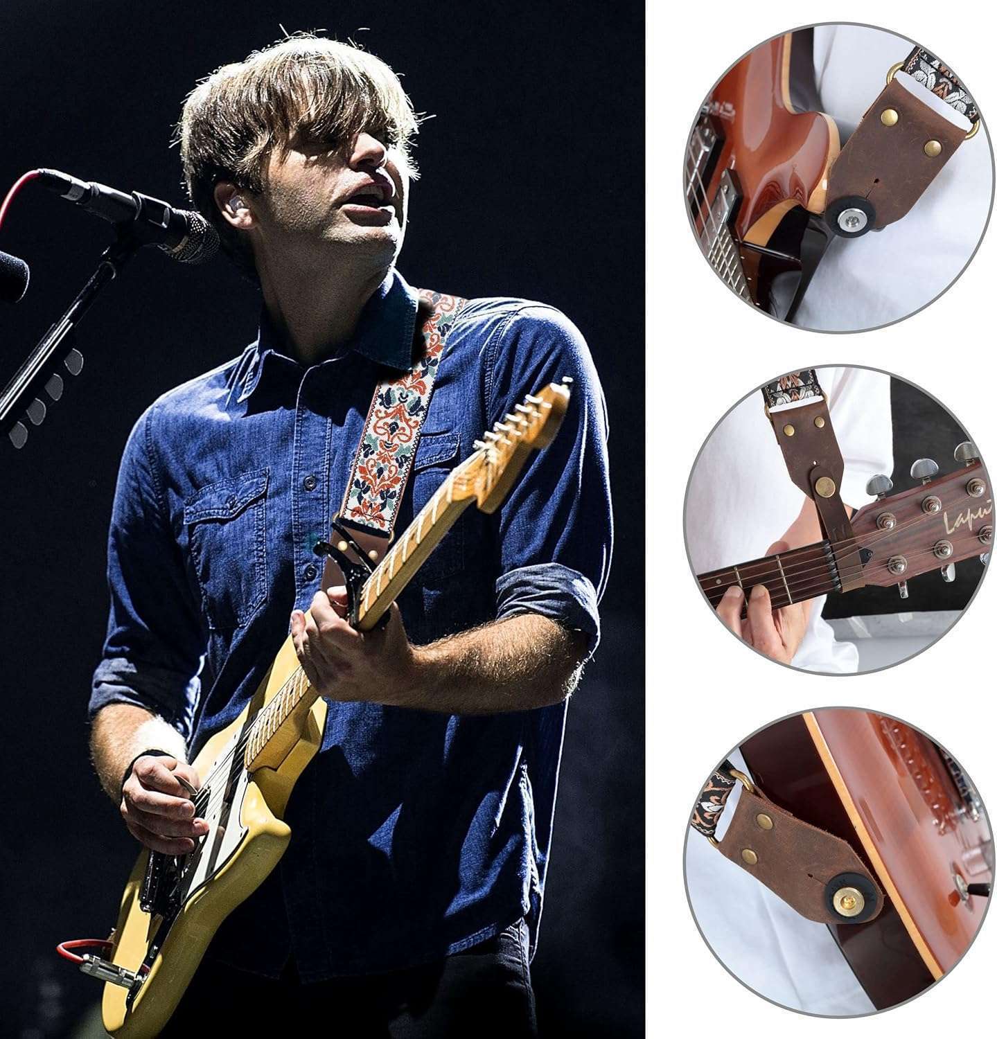 Golden Jacquard Guitar Strap - Embroidered Cotton with Leather Ends for All Guitars