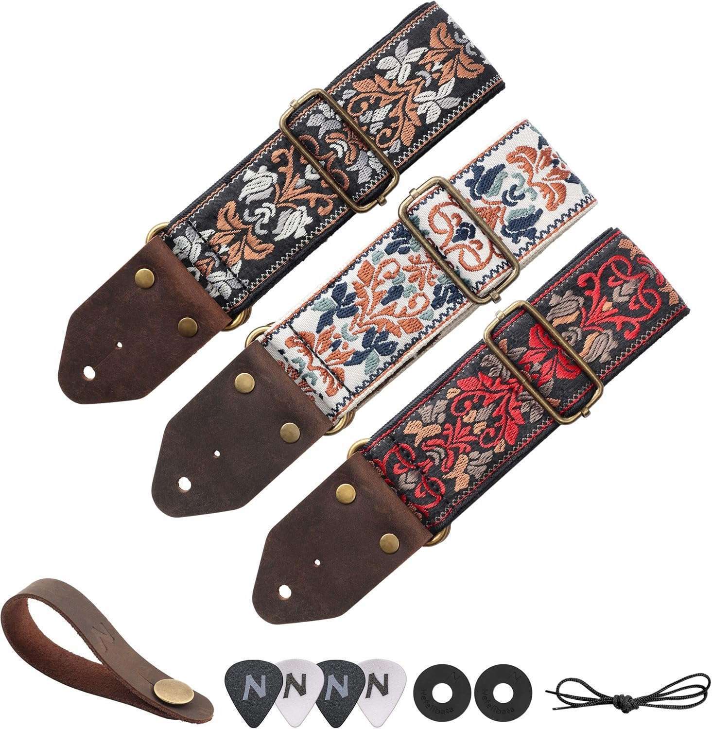 Golden Jacquard Guitar Strap - Embroidered Cotton with Leather Ends for All Guitars