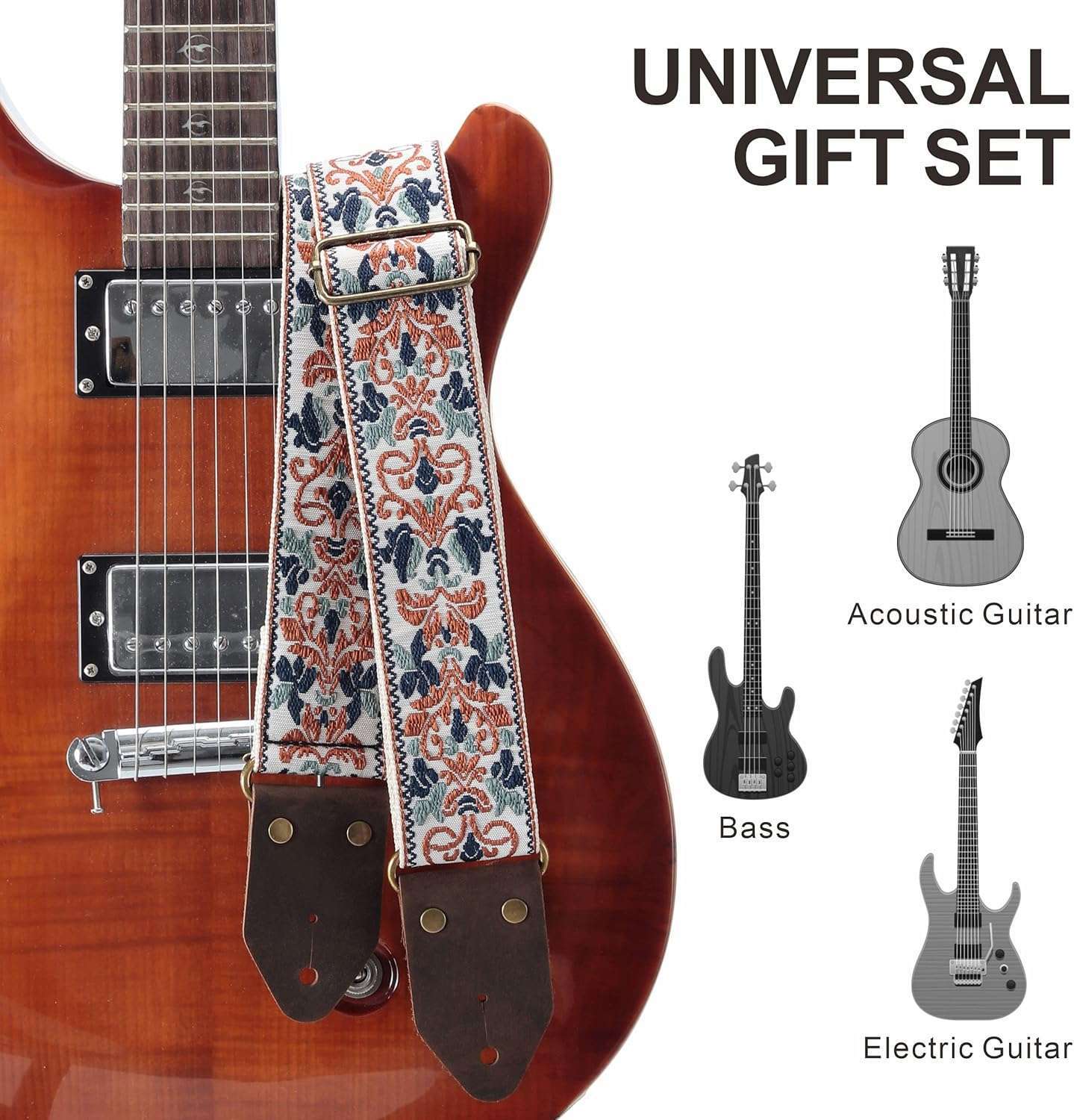 Golden Jacquard Guitar Strap - Embroidered Cotton with Leather Ends for All Guitars