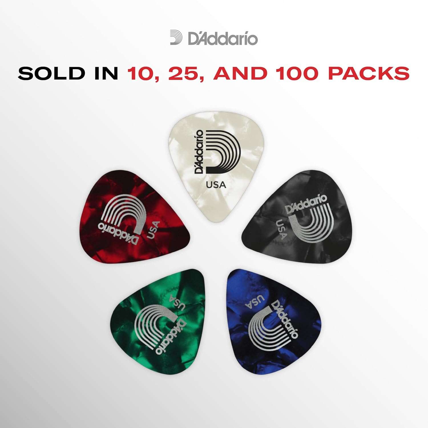10-Pack D'Addario Celluloid Guitar Picks - Medium 0.70mm for Acoustic, Electric, & Bass Guitars - Natural Feel & Warm Tone