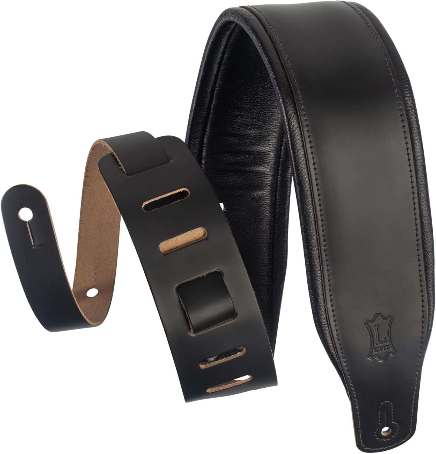 3-Inch Wide Black Leather Guitar Strap with Foam Padding | 3-Inch Wide Black Leather Guitar Strap with Foam Padding | Levy's Amped Series (M26PD-BLK)
