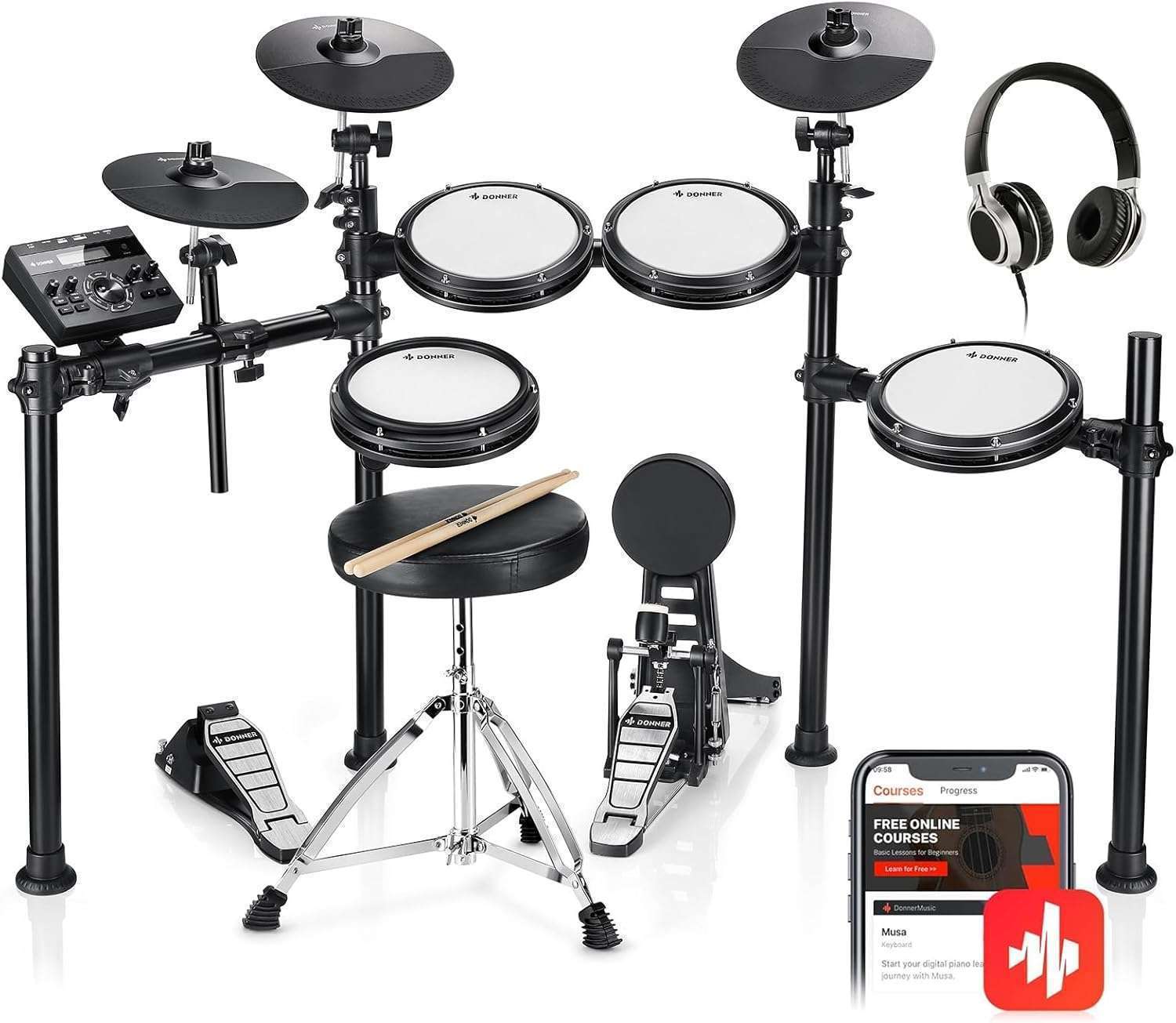 Donner DED-200 Electric Drum Set: Quiet Mesh Pads, 31 Kits, Donner DED-200 Electric Drum Kit: Quiet Mesh Pads, 31 Kits, 450+ Sounds, Throne & More