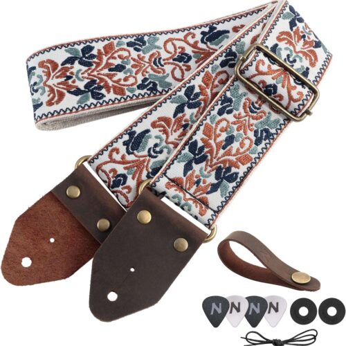Golden Jacquard Guitar Strap - Embroidered Cotton with Leather Ends Golden Jacquard Guitar Strap - Embroidered Cotton with Leather Ends for All Guitars