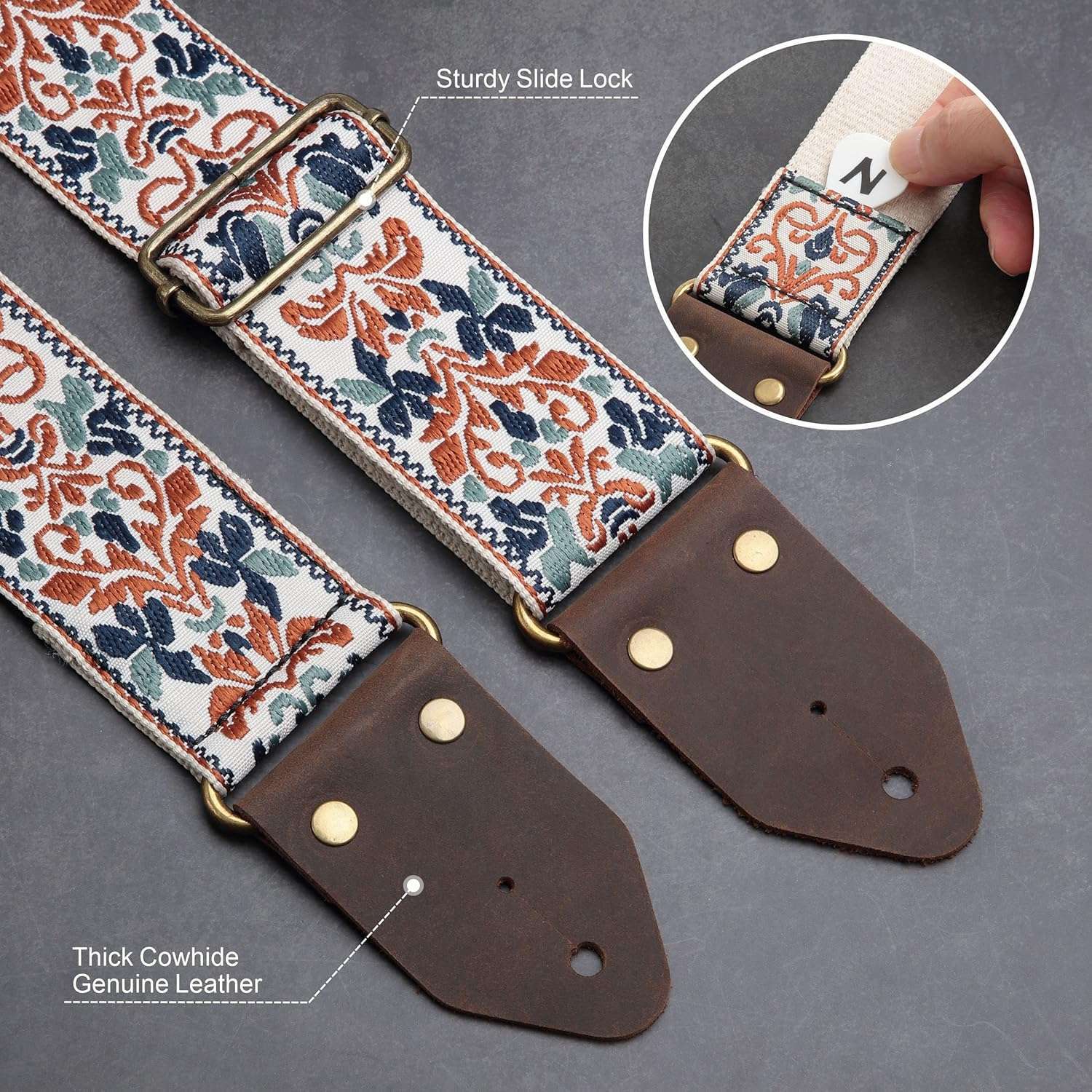 Golden Jacquard Guitar Strap - Embroidered Cotton with Leather Ends for All Guitars