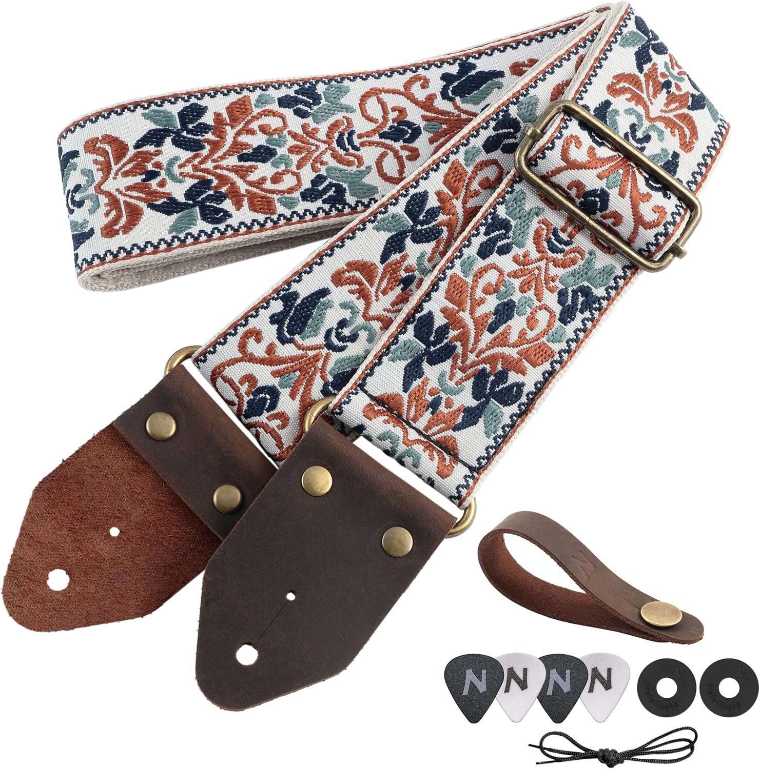 Golden Jacquard Guitar Strap - Embroidered Cotton with Leather Ends for All Guitars
