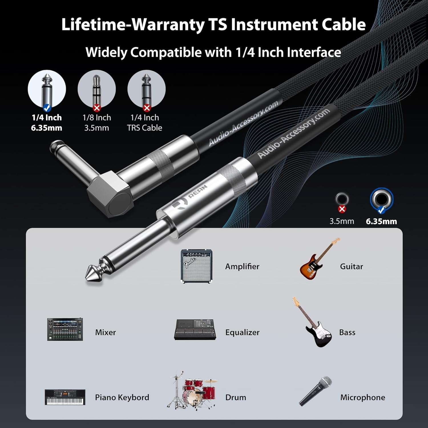 10 ft Guitar Cable 2-Pack - Right Angle, Kevlar-Reinforced-Double Shielded for Electric Guitars