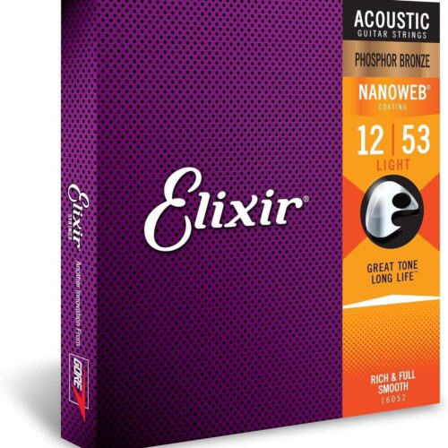 Elixir Phosphor Bronze Acoustic Guitar Strings - NANOWEB, Long-Lasting Rich Elixir Phosphor Bronze Acoustic Guitar Strings - NANOWEB, Long-Lasting Rich Tone, Light 12-53