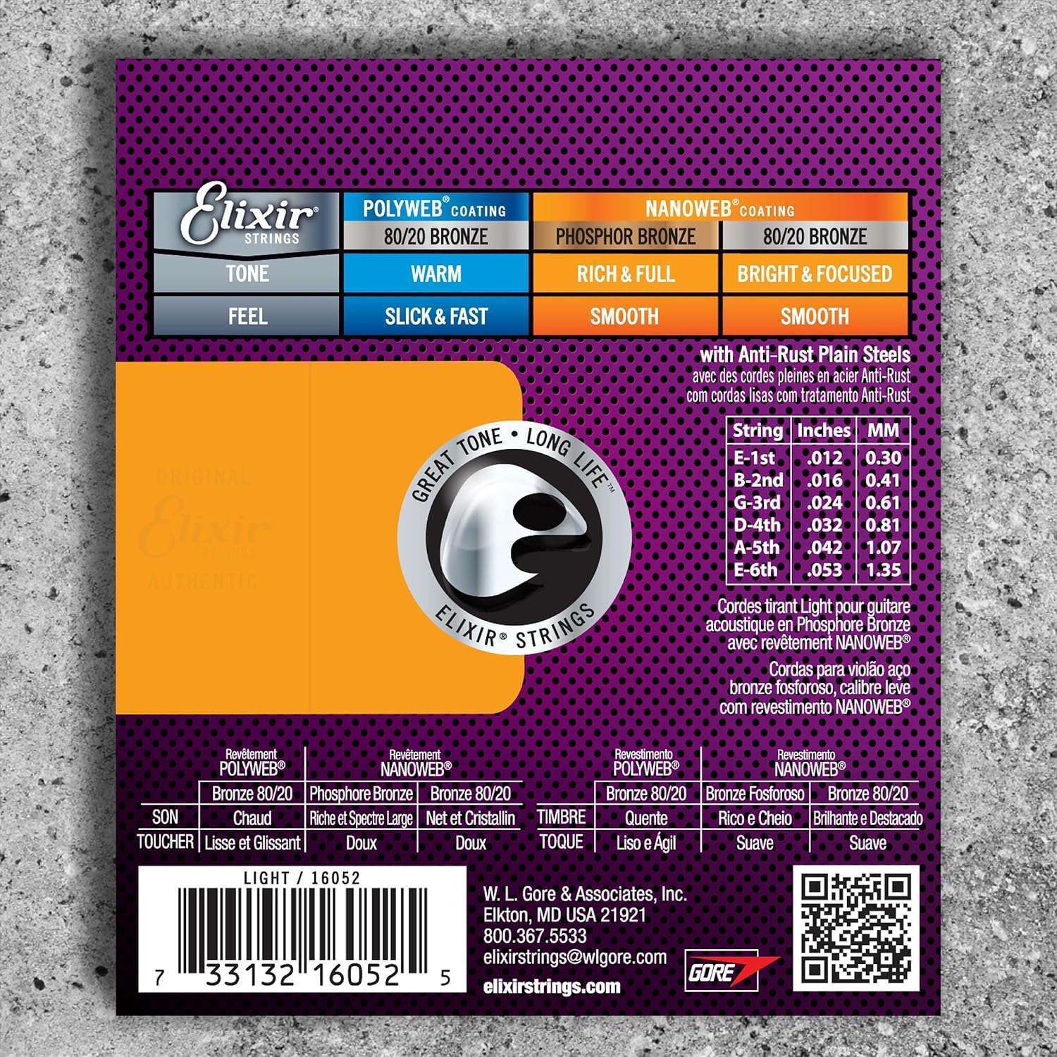 Elixir Phosphor Bronze Acoustic Guitar Strings - NANOWEB, Long-Lasting Rich Tone, Light 12-53