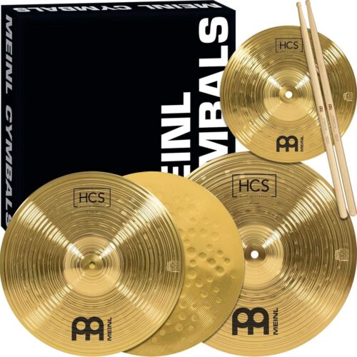 SEO-friendly title: "Meinl HCS Cymbal Box Set: Hi-Hats, Crash & Meinl HCS Cymbal Box Set: Hi-Hats, Crash & Free Splash + Sticks & Lessons — Durable Brass, Made in Germany, 2-Year Warranty, Traditional Finish (13/14/10)