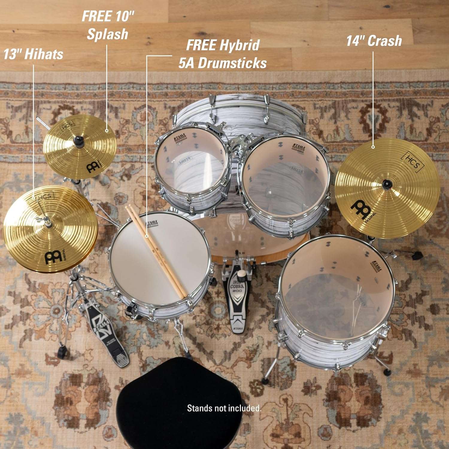 Meinl HCS Cymbal Box Set: Hi-Hats, Crash & Free Splash + Sticks & Lessons — Durable Brass, Made in Germany, 2-Year Warranty, Traditional Finish (13/14/10)
