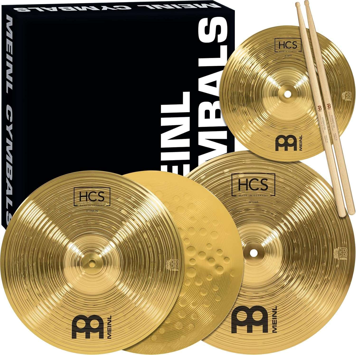 Meinl HCS Cymbal Box Set: Hi-Hats, Crash & Free Splash + Sticks & Lessons — Durable Brass, Made in Germany, 2-Year Warranty, Traditional Finish (13/14/10)