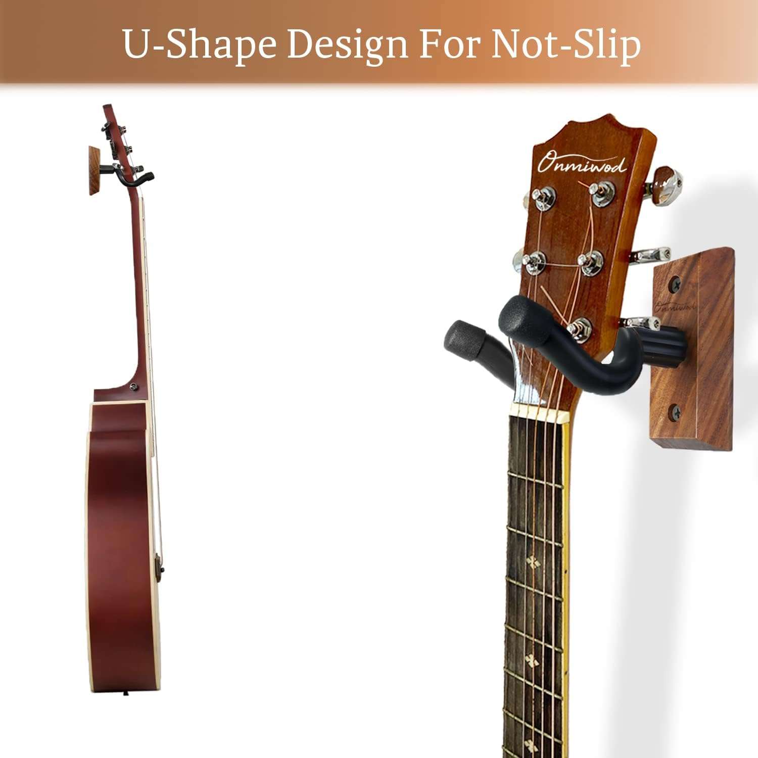 Black Walnut Guitar Wall Mount 2-Pack: U-Shaped Hangers for Acoustic & Electric Guitars, Banjo, Bass