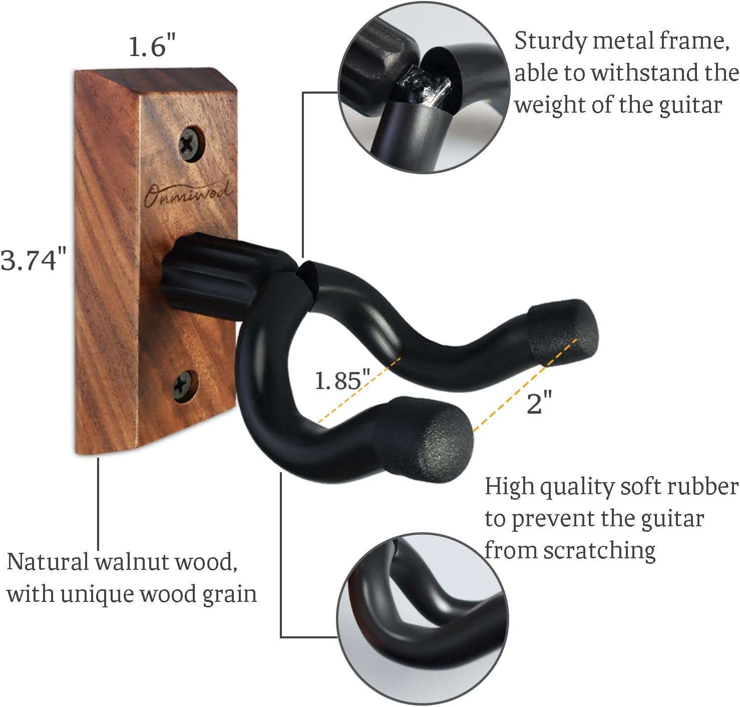 Black Walnut Guitar Wall Mount 2-Pack: U-Shaped Hangers for Acoustic & Electric Guitars, Banjo, Bass