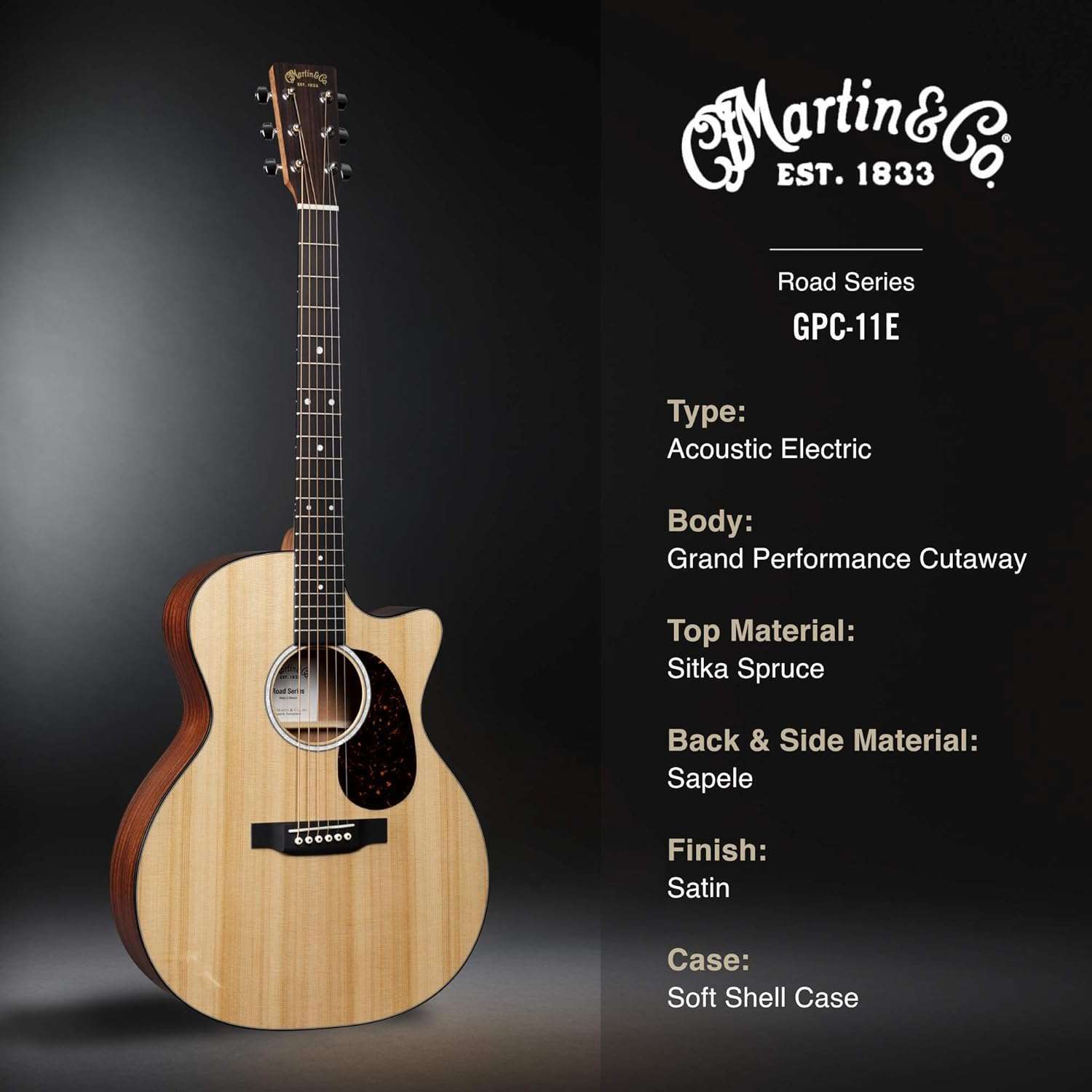Martin Guitar Road Series GPC-11E Acoustic-Electric Guitar with Gig Bag - Sitka Spruce & Sapele, GPC-14 Fret, Performing Artist Neck Shape