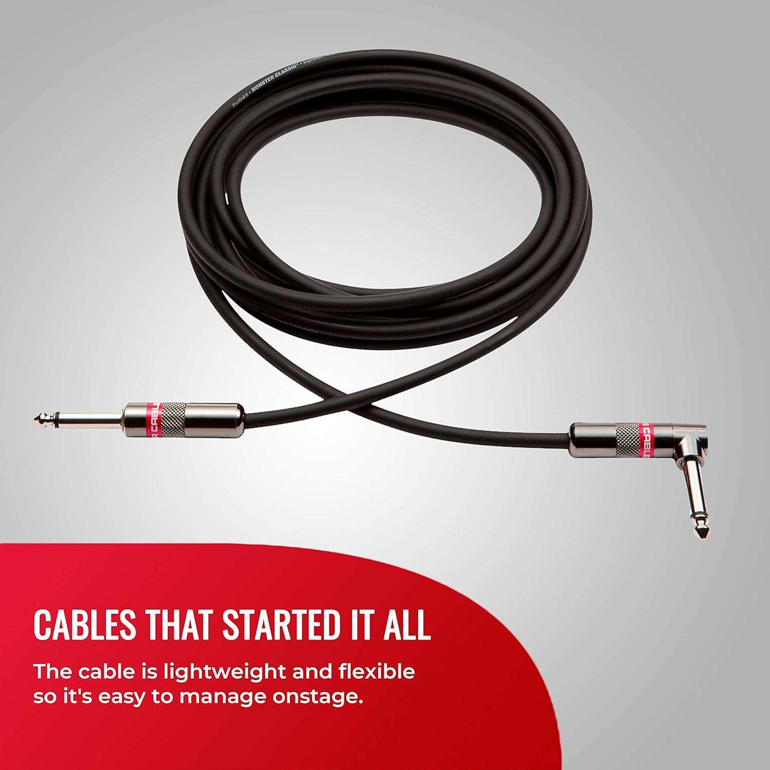 21 ft Monster Prolink Classic Right Angle Guitar Cable - Durable Metal and Duraflex with 90% Copper Shield