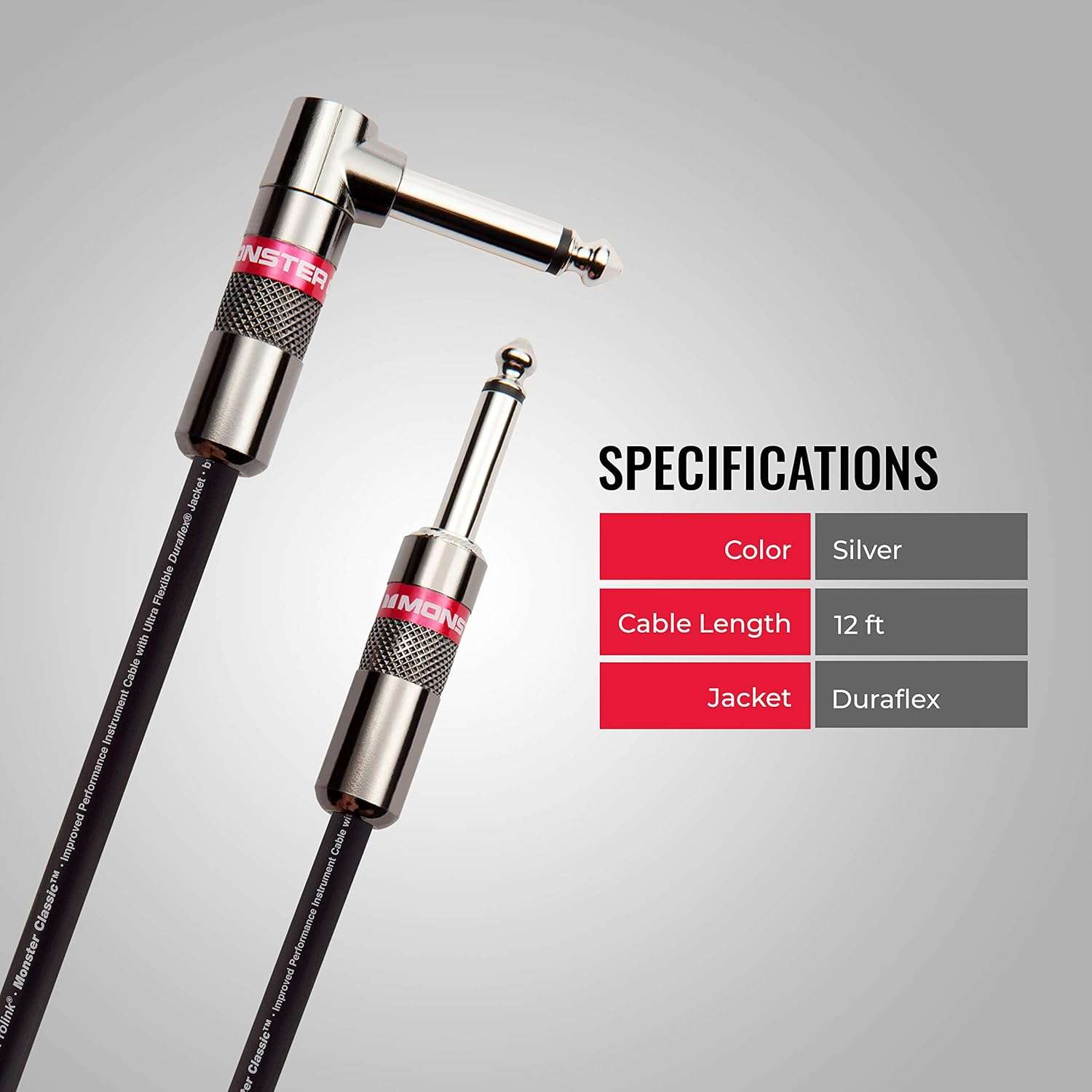 21 ft Monster Prolink Classic Right Angle Guitar Cable - Durable Metal and Duraflex with 90% Copper Shield