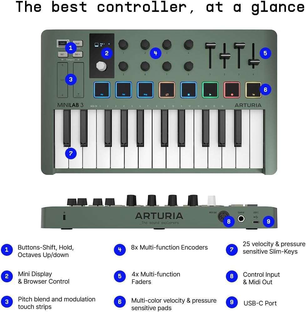 1750784541_Arturia-MiniLab-3-Limited-Edition-Mint-Green-25-Key-USB-MIDI-Keyboard-with-8-Drum-Pads-Music-Software.jpg Arturia MiniLab 3 Limited Edition Mint Green: 25-Key USB MIDI Keyboard with 8 Drum Pads & Music Software