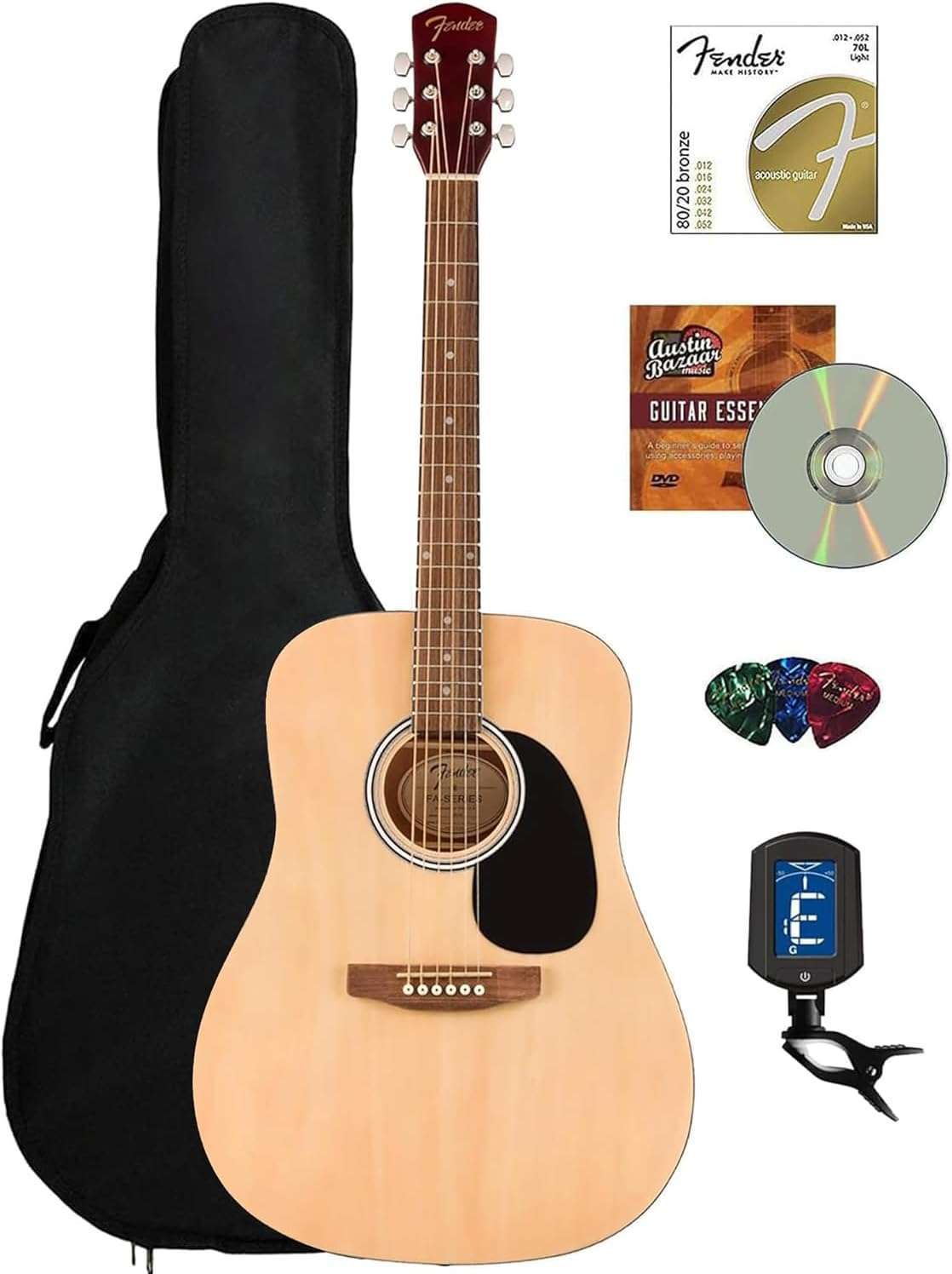 Fender Dreadnought Acoustic Guitar Bundle: Gig Bag, Tuner, Strings & Fender Dreadnought Acoustic Guitar Bundle: Gig Bag, Tuner, Strings & Lessons