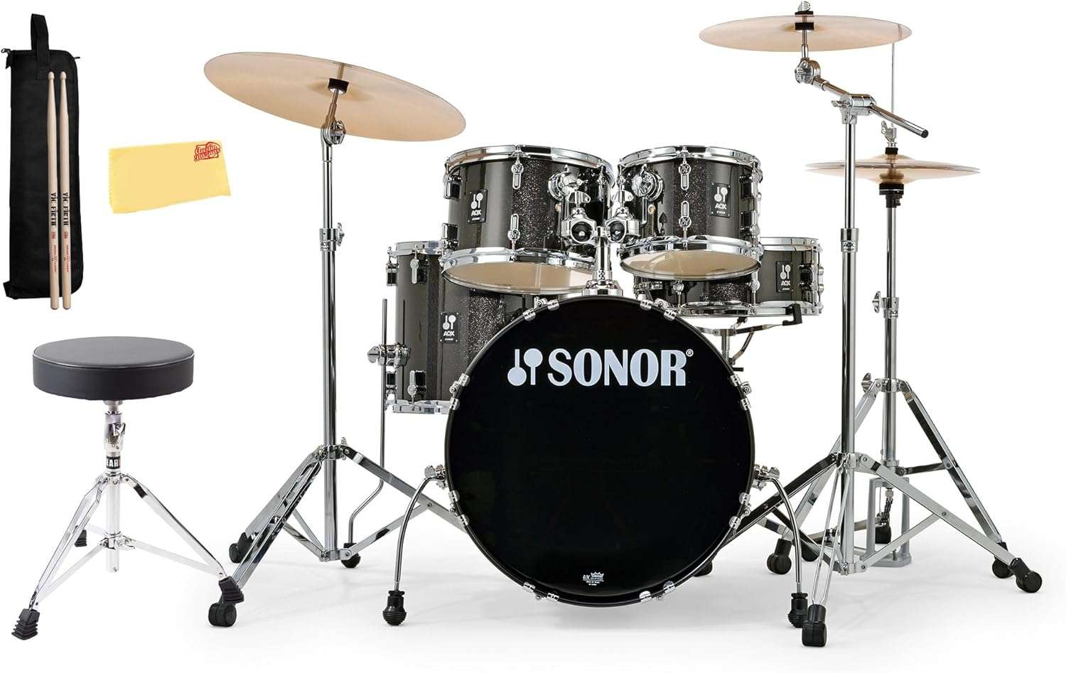Sonor AQX Studio Drum Set Bundle – Black Midnight Sparkle Sonor AQX Studio Drum Set Bundle – Black Midnight Sparkle with Throne, Sticks & Accessories