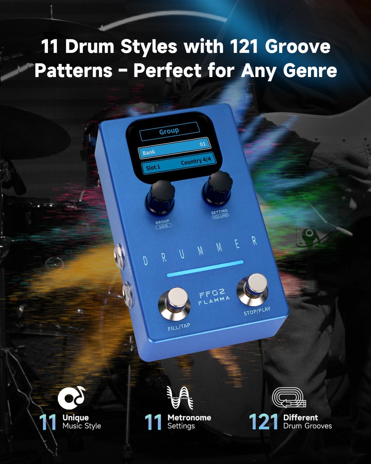 FLAMMA-FF02-Drum-Machine-Guitar-Pedal-121-Grooves-11-Genres-Custom-Rhythms-Stereo-IO.jpg FLAMMA FF02 Drum Machine Guitar Pedal - 121 Grooves, 11 Genres, Custom Rhythms & Stereo I/O