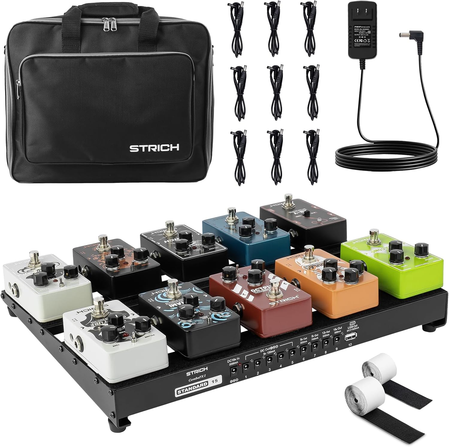 Lightweight STRICH Guitar Pedal Board with Power Supply, Cables & Bag