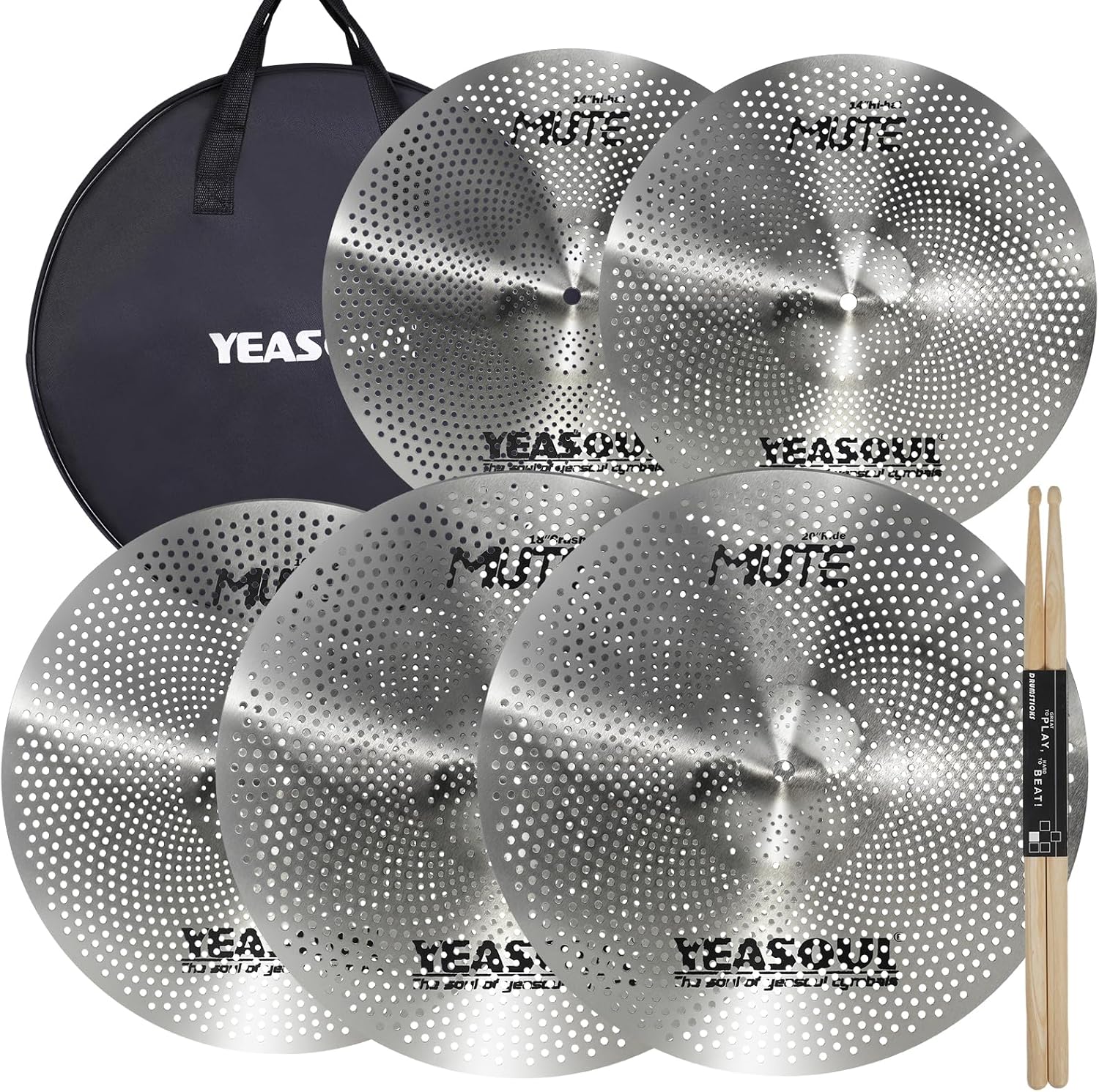 Low Volume 5-Piece Cymbal Pack with Bag: 14"/16"/18"/20" Drum Set Yeasoul® Low Volume 5-Piece Cymbal Pack with Sticks & Bag: 14"/16"/18"/20"
