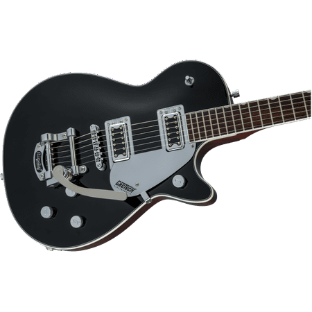 Gretsch Electromatic G5230T FT Electric Guitar, Bigsby,Gretsch Electromatic Collection G5230T FT Electric Guitar with Bigsby — Black, Black Walnut FingerboardFind your sound with the Gretsch Electromatic G5230T FT Jet Single-Cut — a classic-looking, modern-playing electric guitar that brings Gretsch tone and style within reach. Chambered mahogany body and maple top deliver full lows, warm mids and silky highs, while the Bigsby vibrato and Black Walnut fingerboard make it ideal for rockabilly, blues, indie and vintage-inspired rock.Compact, eye-catching single-cut Jet body with a sleek Black finishChambered mahogany body + maple top for resonance, balance and a lively acoustic characterSmooth Black Walnut fingerboard for warm feel and fast playabilityBuilt-in Bigsby vibrato for classic pitch bends and tasteful vibrato effectsVersatile, punchy Gretsch voicing — full low end, present mids, and articulate highsElectromatic quality and tone at a value-driven priceTone & PlayabilityThis G5230T FT is built to inspire: the chambered mahogany body gives woody warmth and sustain, while the maple top adds clarity and snap. The Black Walnut fingerboard feels smooth under the hand and responds well to both chordal rhythm and single-note runs. The Bigsby tailpiece provides vintage-style vibrato for expressive lead work and subtle shimmer.Hardware & BuildBigsby vibrato for classic Gretsch tremolo expression  Stable, playable neck profile for comfort across the fretboard  Quality bridges and hardware tuned for reliable intonation and sustainWho it’s perfect forPlayers chasing Gretsch tone without the boutique price  Guitarists who play rockabilly, blues, country, indie and classic rock  Recording musicians wanting a warm, characterful single-cut electric  Anyone upgrading from a starter guitar to a stage-ready instrumentQuick SpecsModel: Gretsch Electromatic G5230T FT Jet Single-Cut  Body: Chambered mahogany with maple top  Fingerboard: Black Walnut  Finish: Black  Tremolo: Bigsby vibrato  Series: Electromatic CollectionWhat’s in the boxGretsch Electromatic G5230T FT electric guitar (Black)  Setup ready for play — professionally adjusted at the factoryExperience classic Gretsch feel and modern playability — add the G5230T FT to your rig and unlock big, musical tone with a stylish vintage vibe.Add to cart now to own a shelf-ready, stage-ready Electromatic classic.